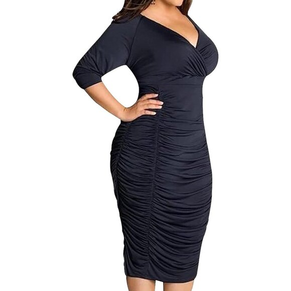 Plus Size Short Sleeve Bodycon Dress V Neck Ruched Wrap Party Midi - Picture 5 of 5